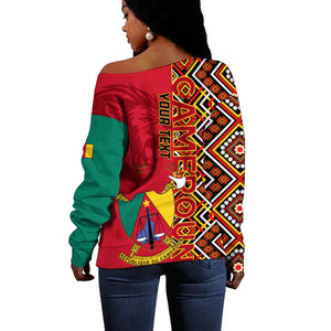 Cameroon National Day Off Shoulder Sweater Cameroun Coat Of Arms Ankara Pattern