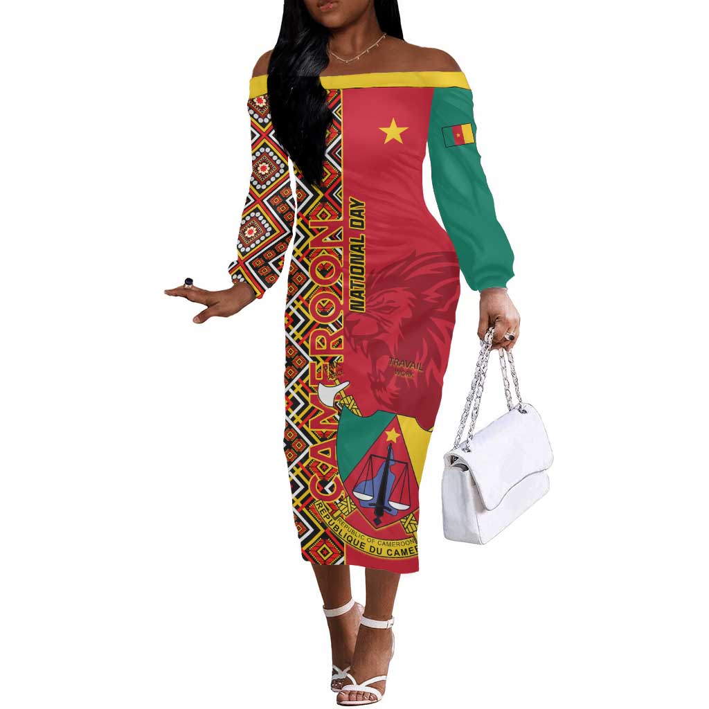 Cameroon National Day Off The Shoulder Long Sleeve Dress Cameroun Coat Of Arms Ankara Pattern