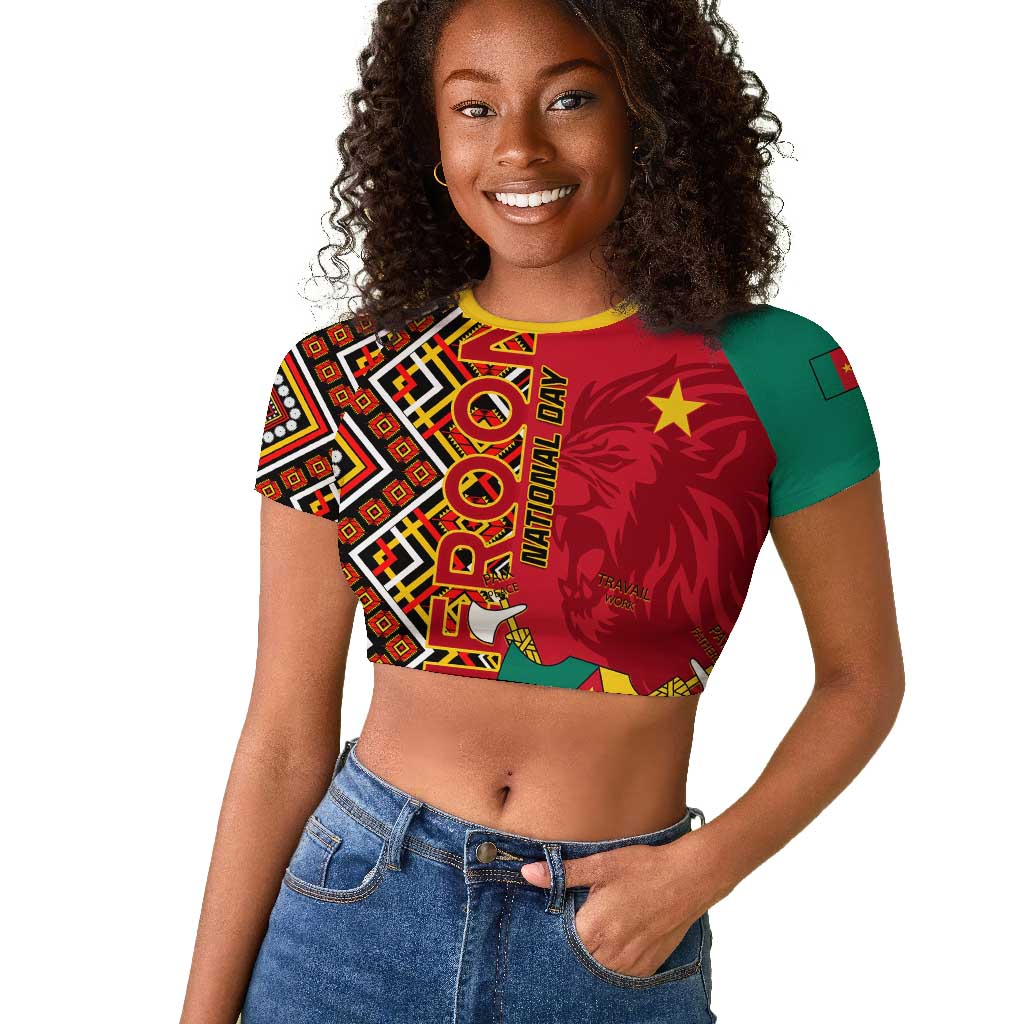 Cameroon National Day Raglan Cropped T shirt Cameroun Coat Of Arms Ankara Pattern