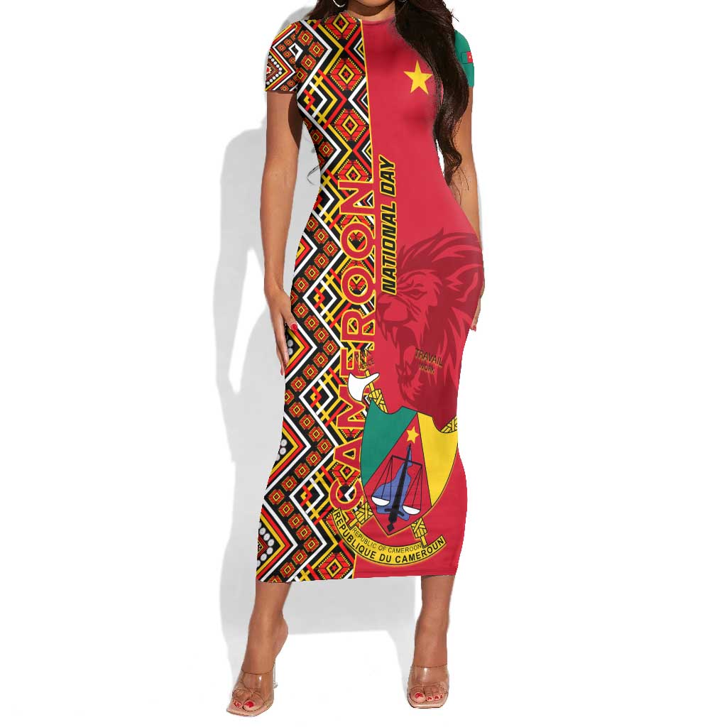 Cameroon National Day Short Sleeve Bodycon Dress Cameroun Coat Of Arms Ankara Pattern