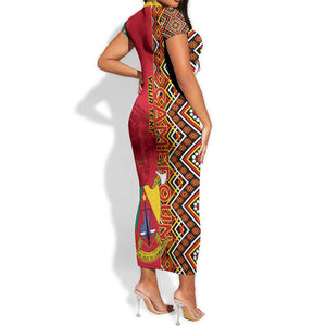 Cameroon National Day Short Sleeve Bodycon Dress Cameroun Coat Of Arms Ankara Pattern LT01