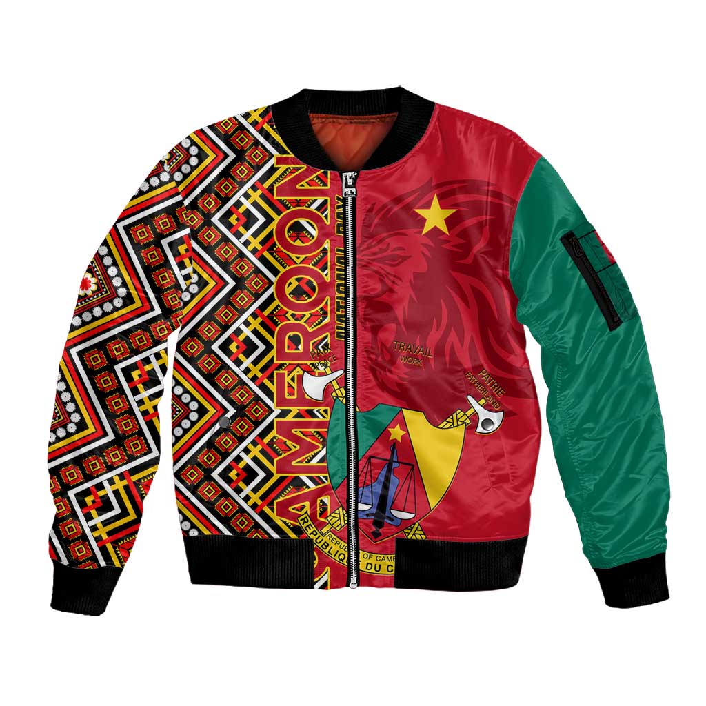 Cameroon National Day Sleeve Zip Bomber Jacket Cameroun Coat Of Arms Ankara Pattern