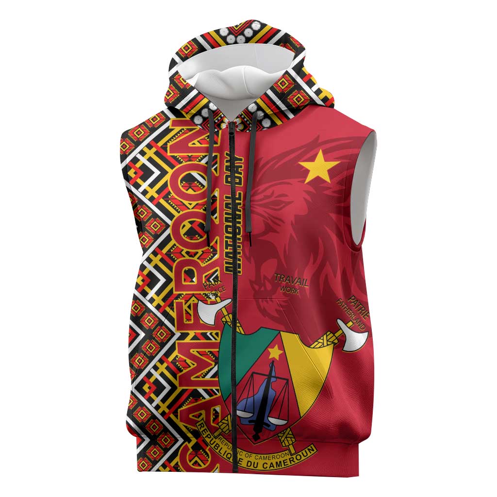 Cameroon National Day Sleeveless Zip Hoodie Cameroun Coat Of Arms Ankara Pattern - African Pride