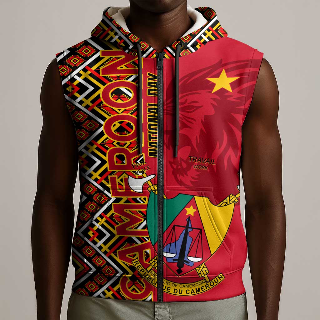 Cameroon National Day Sleeveless Zip Hoodie Cameroun Coat Of Arms Ankara Pattern - African Pride