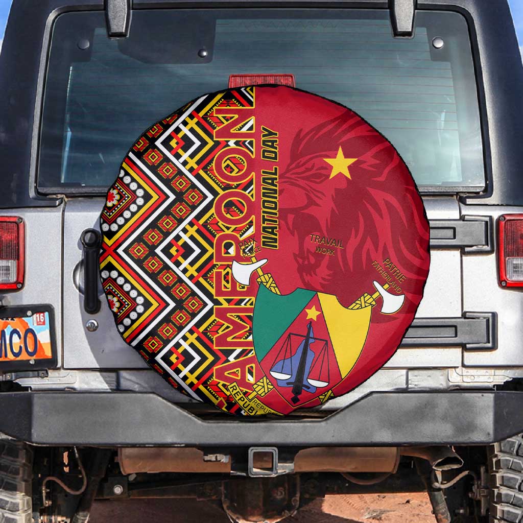 Cameroon National Day Spare Tire Cover Cameroun Coat Of Arms Ankara Pattern