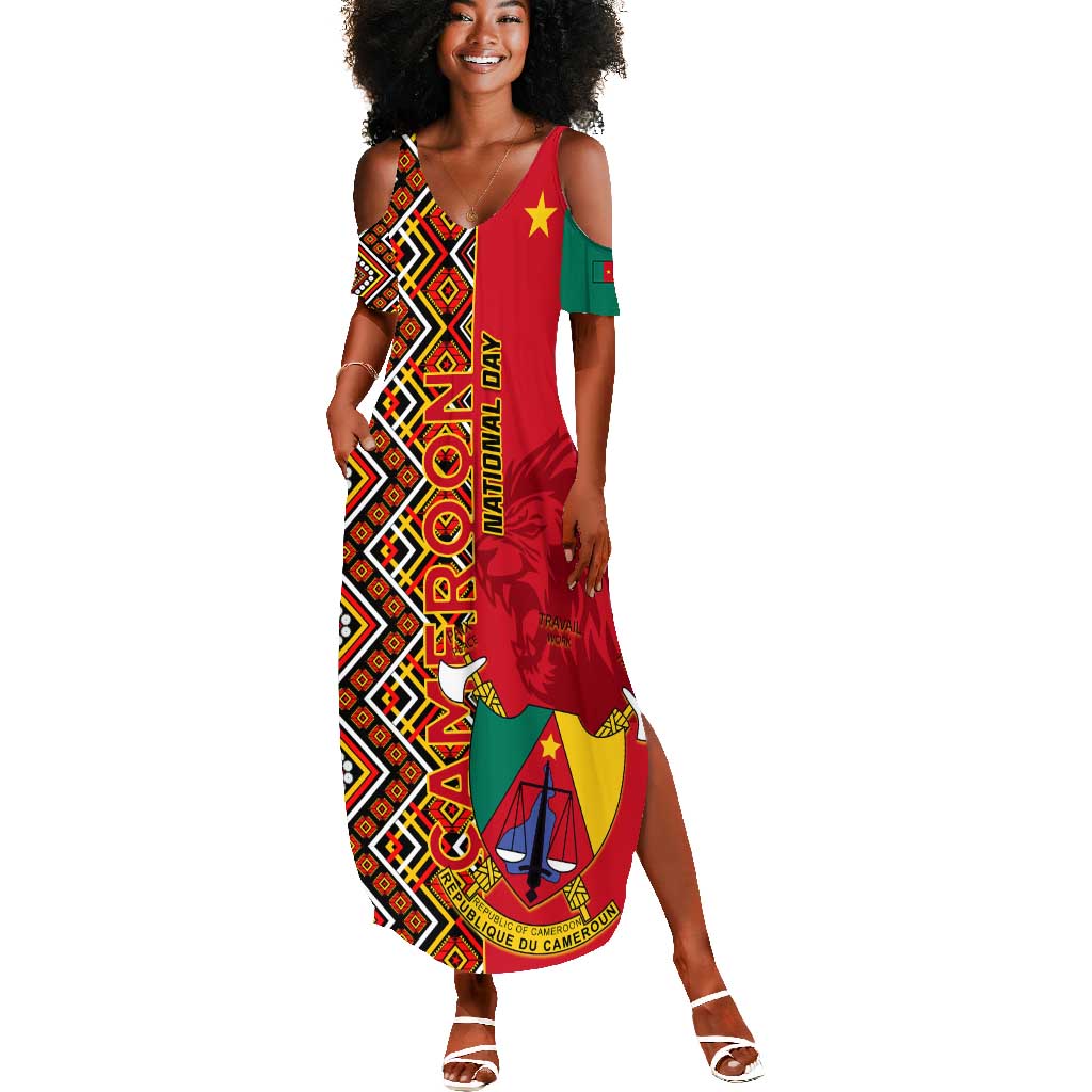 Cameroon National Day Summer Maxi Dress Cameroun Coat Of Arms Ankara Pattern