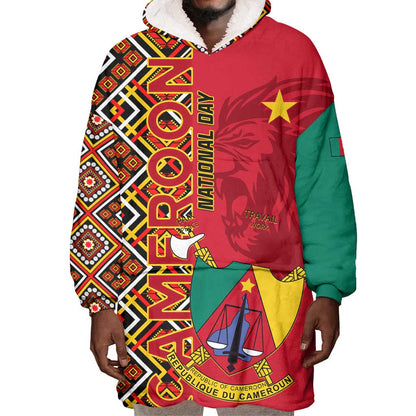 Cameroon National Day Wearable Blanket Hoodie Cameroun Coat Of Arms Ankara Pattern