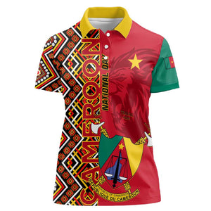 Cameroon National Day Women Polo Shirt Cameroun Coat Of Arms Ankara Pattern