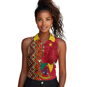 Cameroon National Day Women Sleeveless Polo Shirt Cameroun Coat Of Arms Ankara Pattern