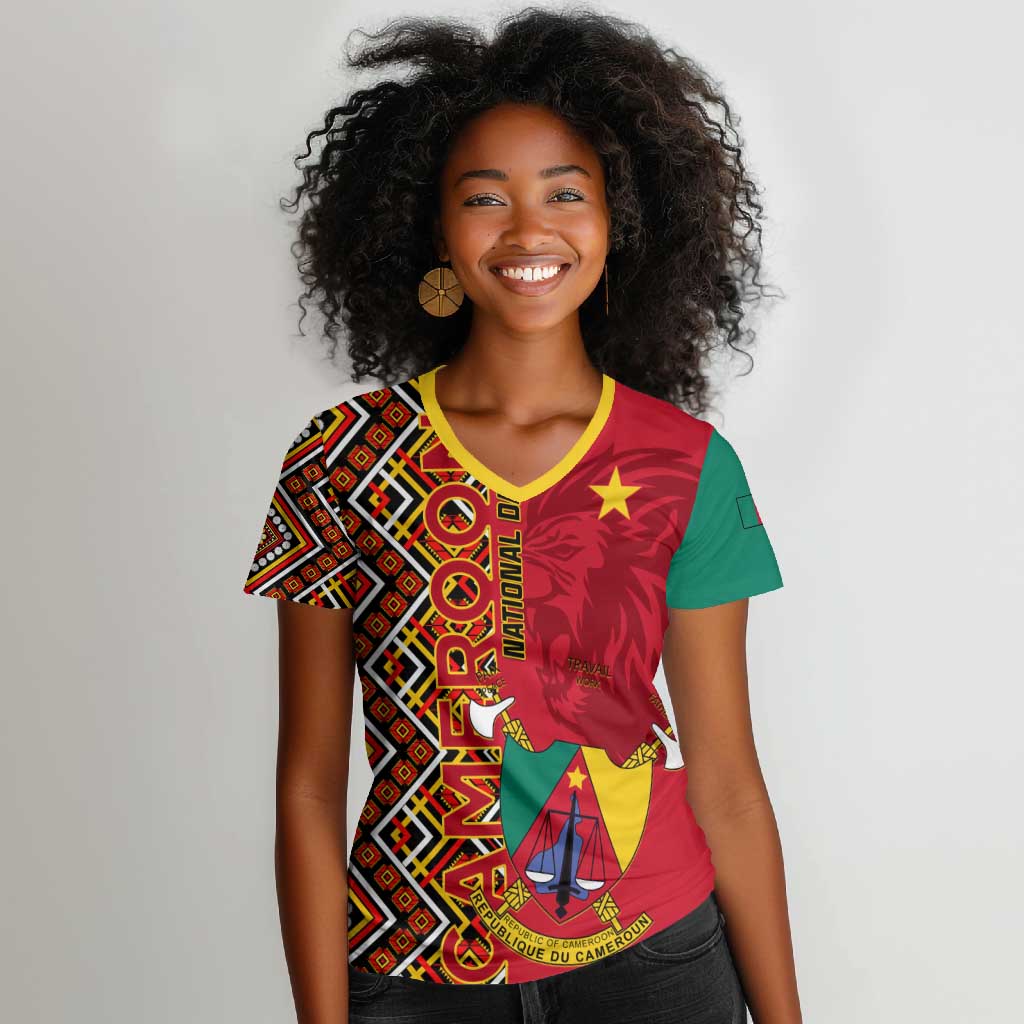 Cameroon National Day Women V-Neck T-Shirt Cameroun Coat Of Arms Ankara Pattern