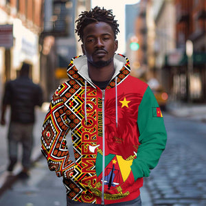 Cameroon National Day Zip Hoodie Cameroun Coat Of Arms Ankara Pattern