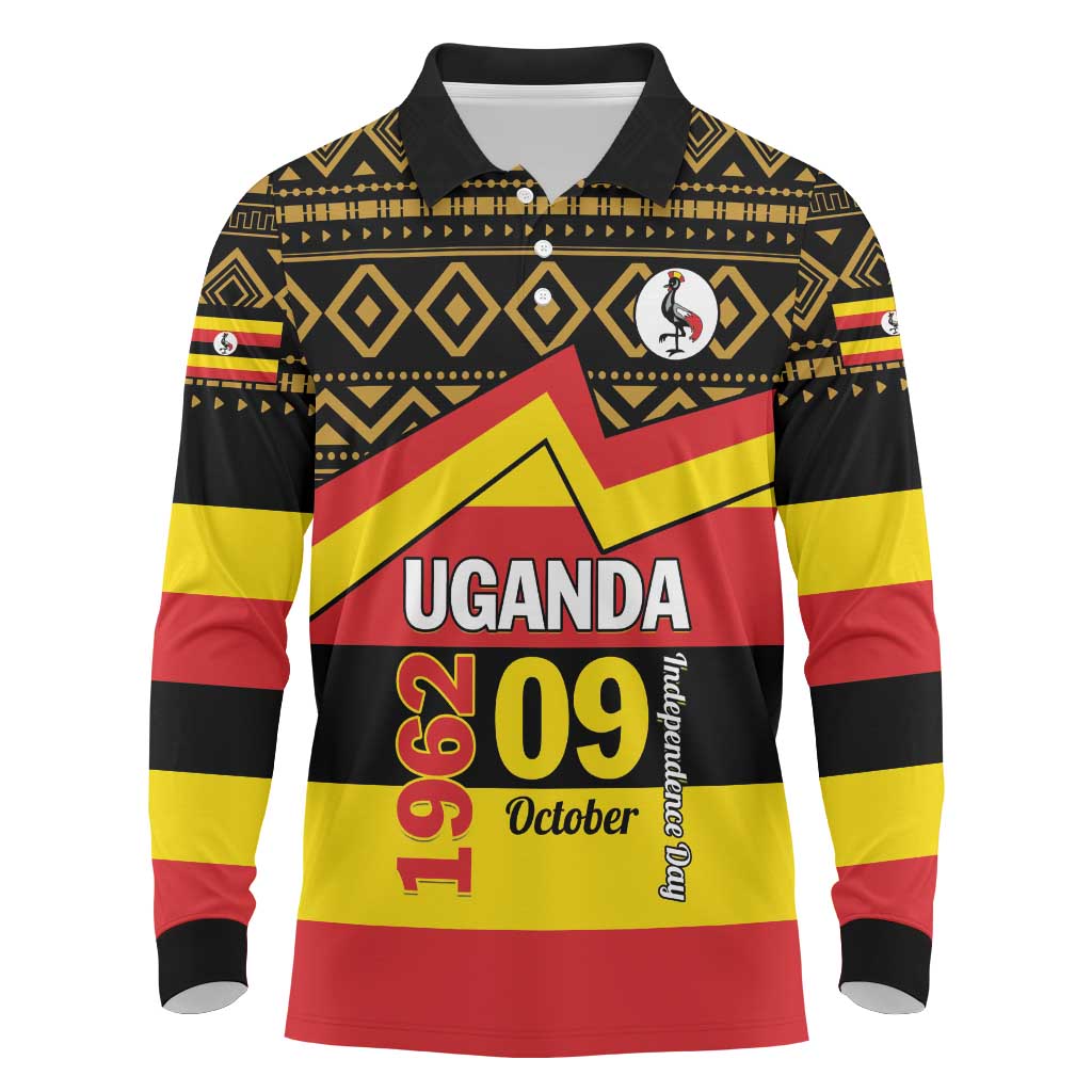 Personalized Uganda Long Sleeve Polo Shirt African Pattern - Independence Day 1962