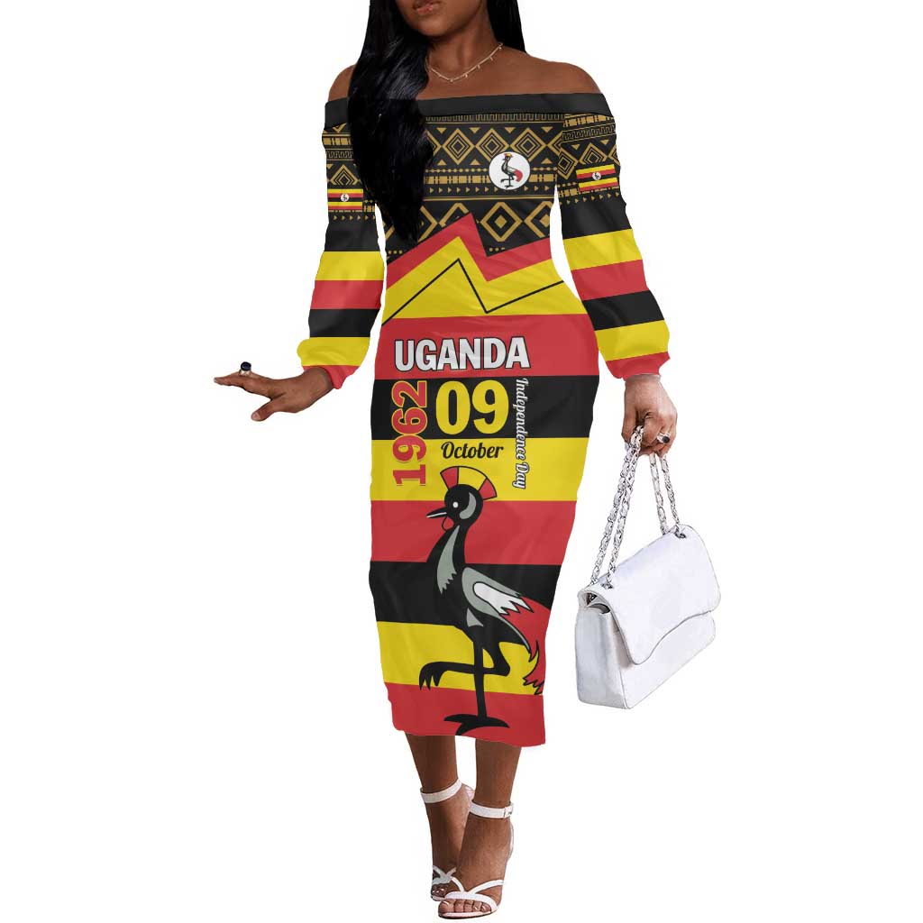 Personalized Uganda Off The Shoulder Long Sleeve Dress African Pattern - Independence Day 1962