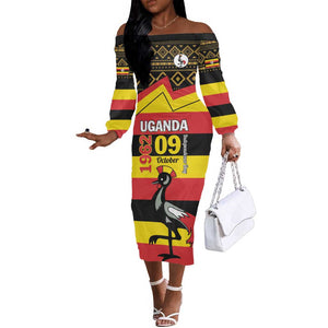 Personalized Uganda Off The Shoulder Long Sleeve Dress African Pattern - Independence Day 1962