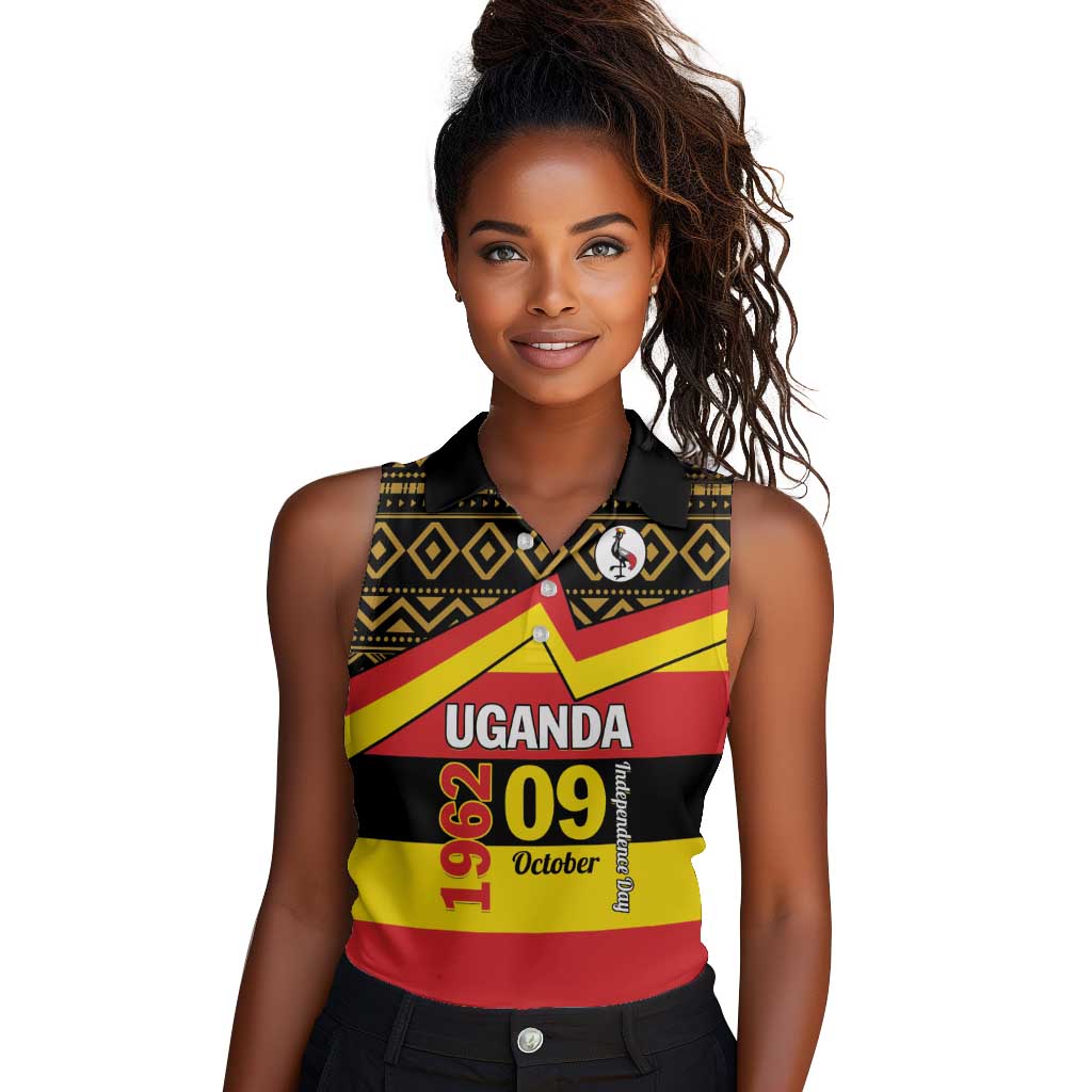 Personalized Uganda Women Sleeveless Polo Shirt African Pattern - Independence Day 1962