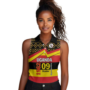 Personalized Uganda Women Sleeveless Polo Shirt African Pattern - Independence Day 1962