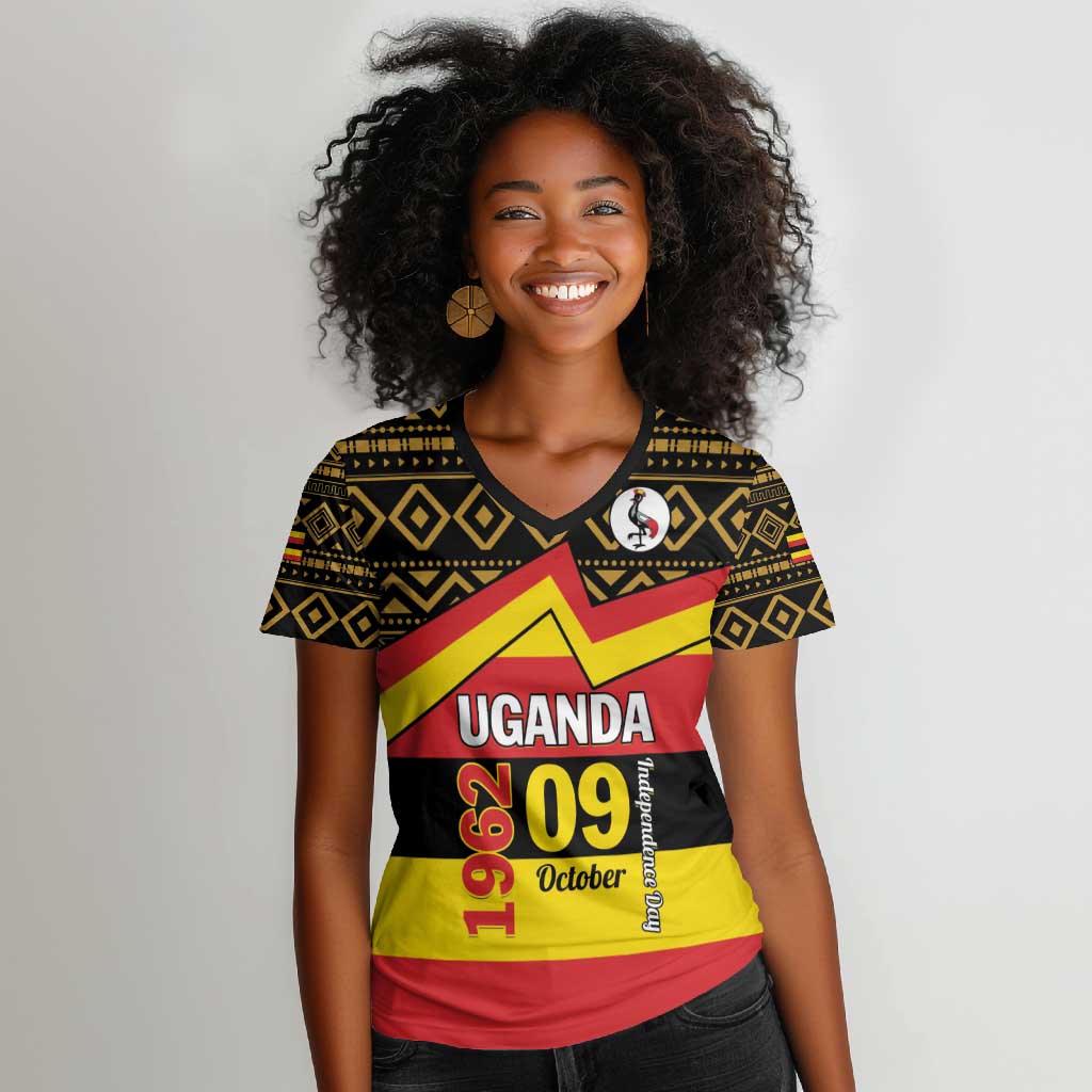 Personalized Uganda Women V-Neck T-Shirt African Pattern - Independence Day 1962