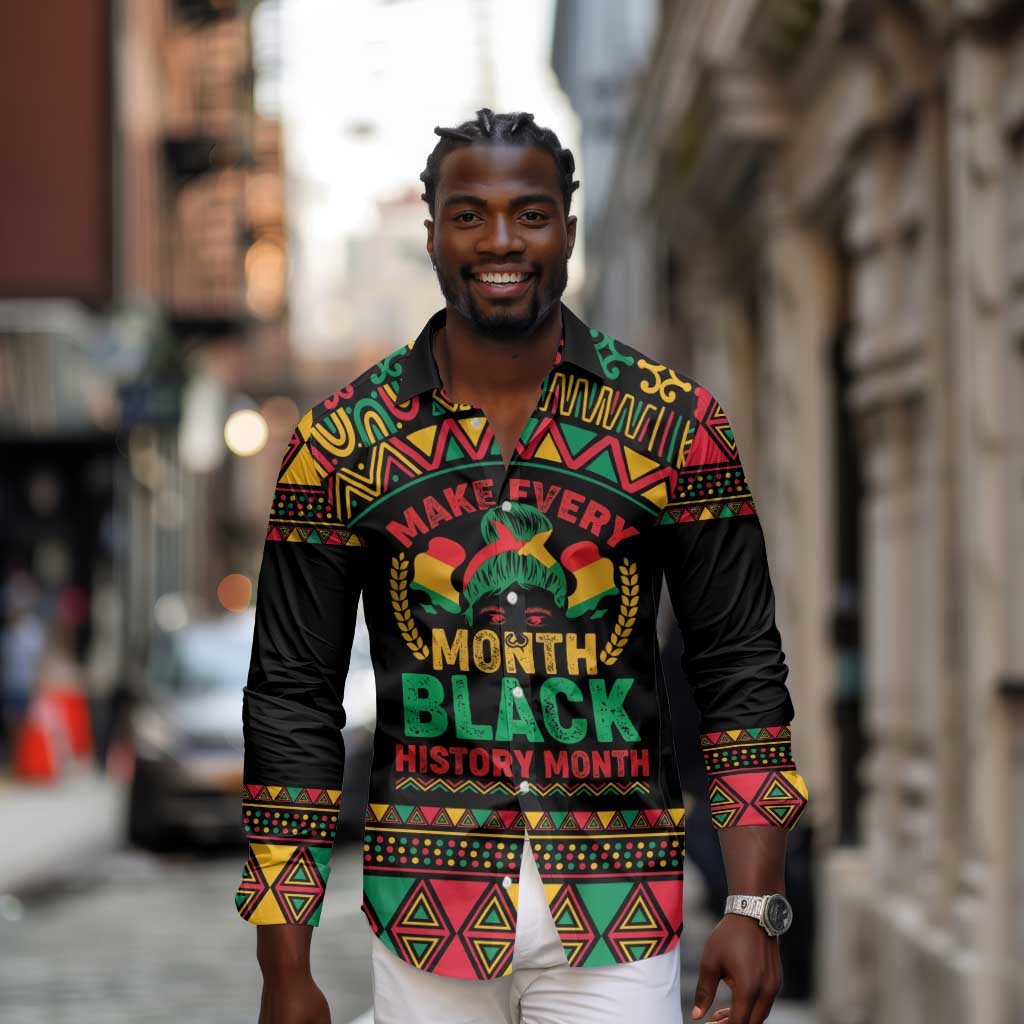 Make Every Month Black History Month Long Sleeve Button Shirt African Pattern