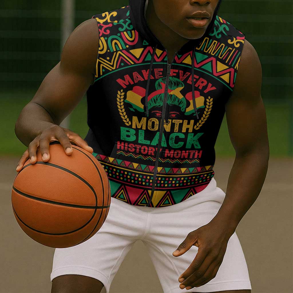 Make Every Month Black History Month Sleeveless Zip Hoodie African Pattern - African Pride
