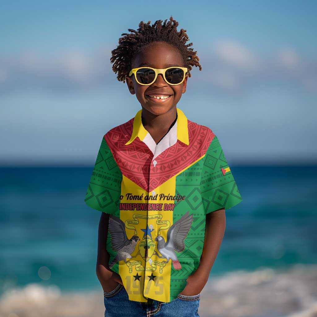 Sao Tome and Principe Independence Day Kid Hawaiian Shirt Coat Of Arms Mix African Pattern