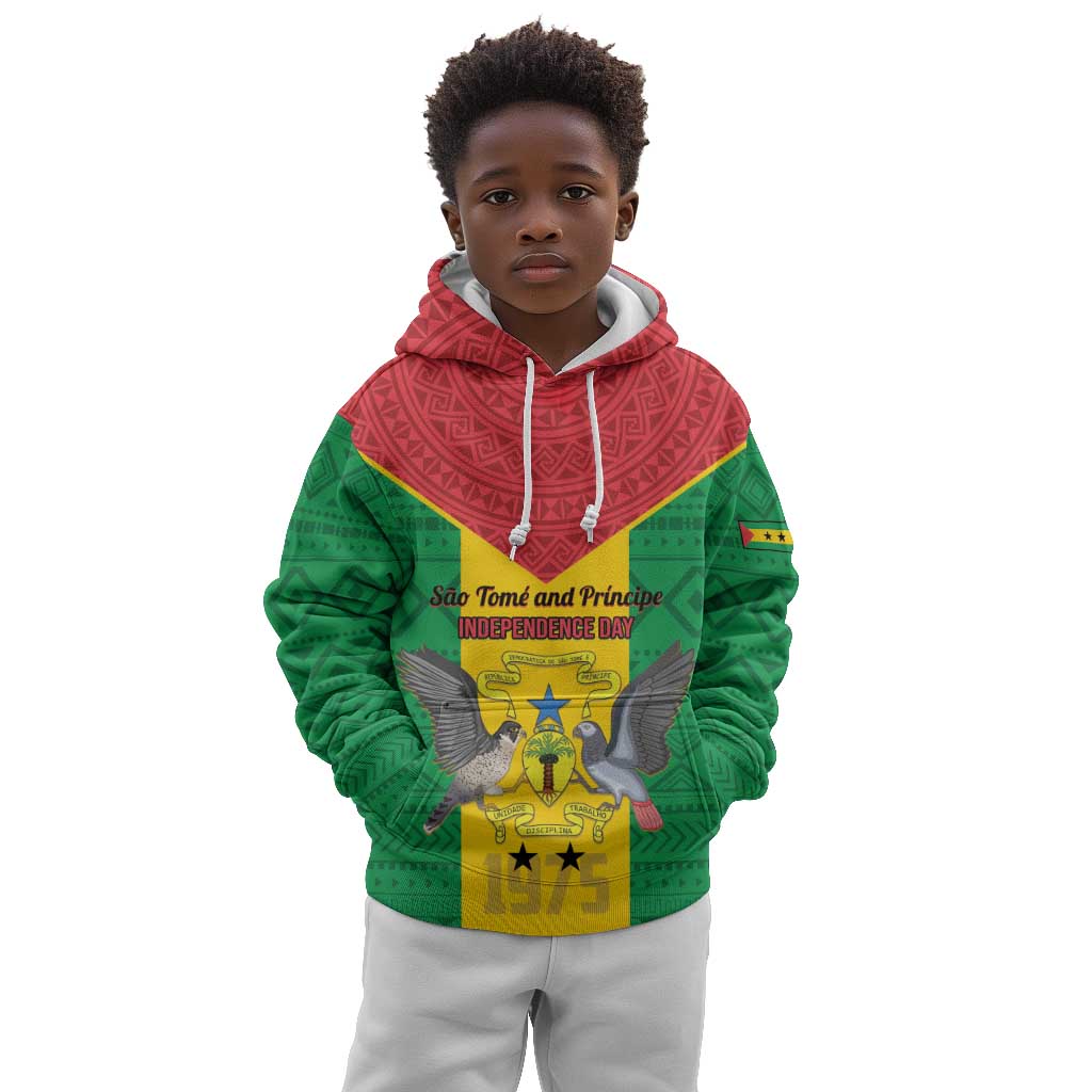 Sao Tome and Principe Independence Day Kid Hoodie Coat Of Arms Mix African Pattern