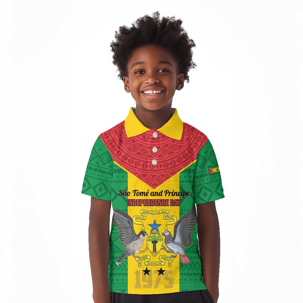 Sao Tome and Principe Independence Day Kid Polo Shirt Coat Of Arms Mix African Pattern