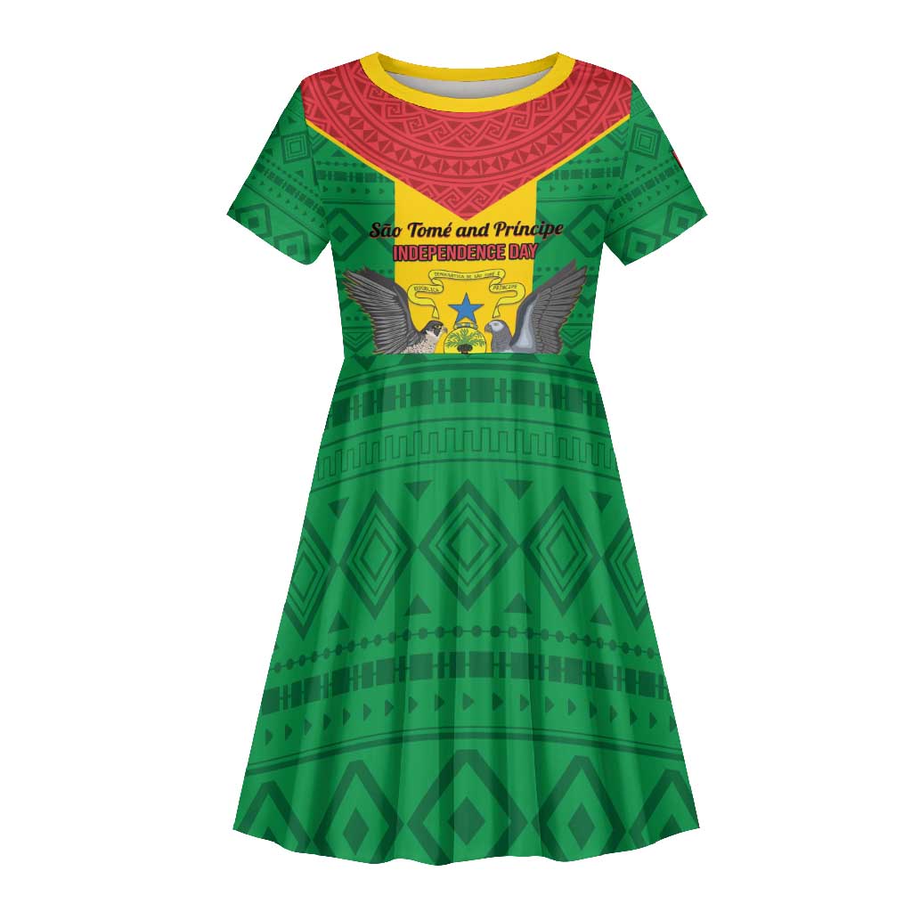 Sao Tome and Principe Independence Day Kid Short Sleeve Dress Coat Of Arms Mix African Pattern