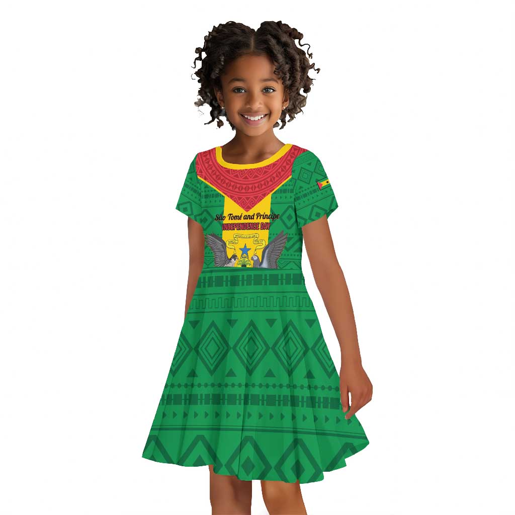 Sao Tome and Principe Independence Day Kid Short Sleeve Dress Coat Of Arms Mix African Pattern