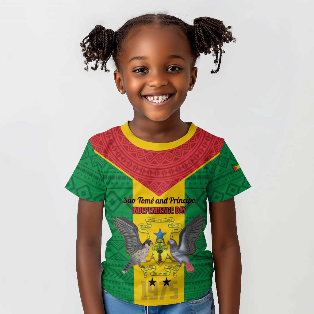 Sao Tome and Principe Independence Day Kid T shirt Coat Of Arms Mix African Pattern