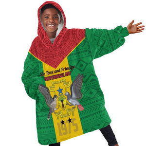 Sao Tome and Principe Independence Day KId Wearable Blanket Hoodie Coat Of Arms Mix African Pattern