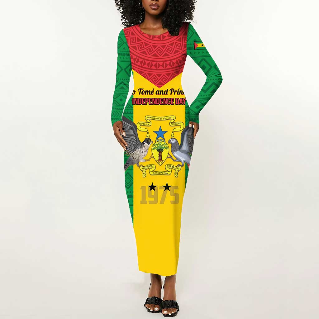 Sao Tome and Principe Independence Day Long Sleeve Bodycon Dress Coat Of Arms Mix African Pattern