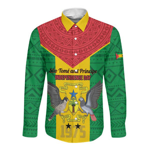 Sao Tome and Principe Independence Day Long Sleeve Button Shirt Coat Of Arms Mix African Pattern