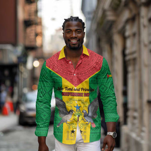 Sao Tome and Principe Independence Day Long Sleeve Button Shirt Coat Of Arms Mix African Pattern