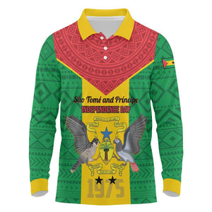 Sao Tome and Principe Independence Day Long Sleeve Polo Shirt Coat Of Arms Mix African Pattern