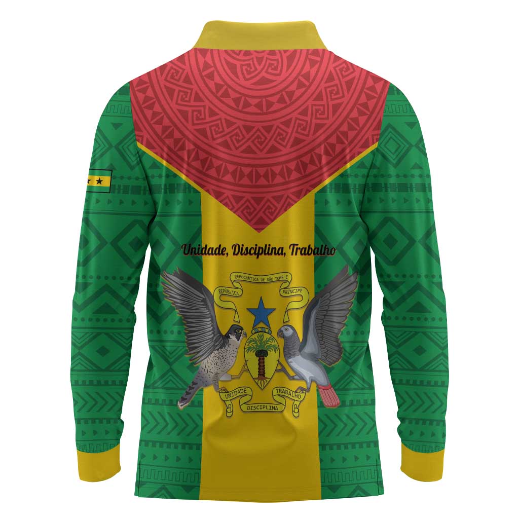 Sao Tome and Principe Independence Day Long Sleeve Polo Shirt Coat Of Arms Mix African Pattern