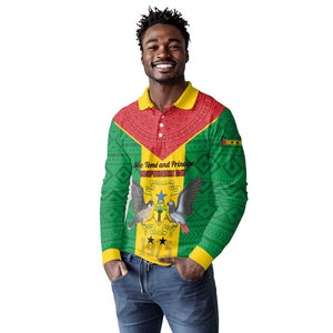 Sao Tome and Principe Independence Day Long Sleeve Polo Shirt Coat Of Arms Mix African Pattern