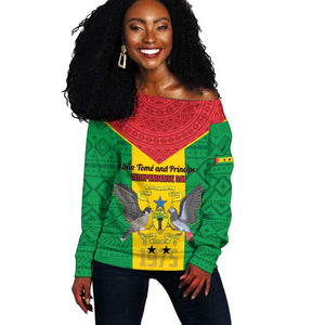 Sao Tome and Principe Independence Day Off Shoulder Sweater Coat Of Arms Mix African Pattern