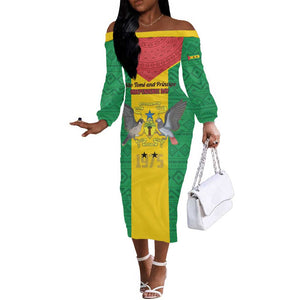 Sao Tome and Principe Independence Day Off The Shoulder Long Sleeve Dress Coat Of Arms Mix African Pattern