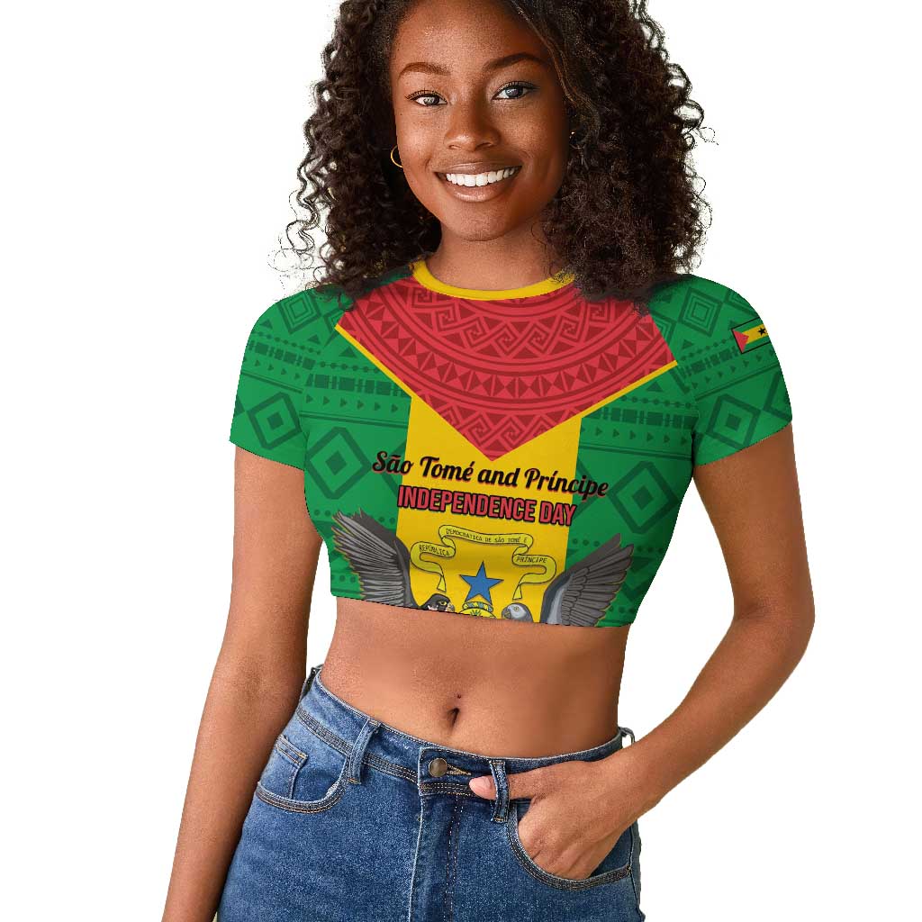 Sao Tome and Principe Independence Day Raglan Cropped T shirt Coat Of Arms Mix African Pattern