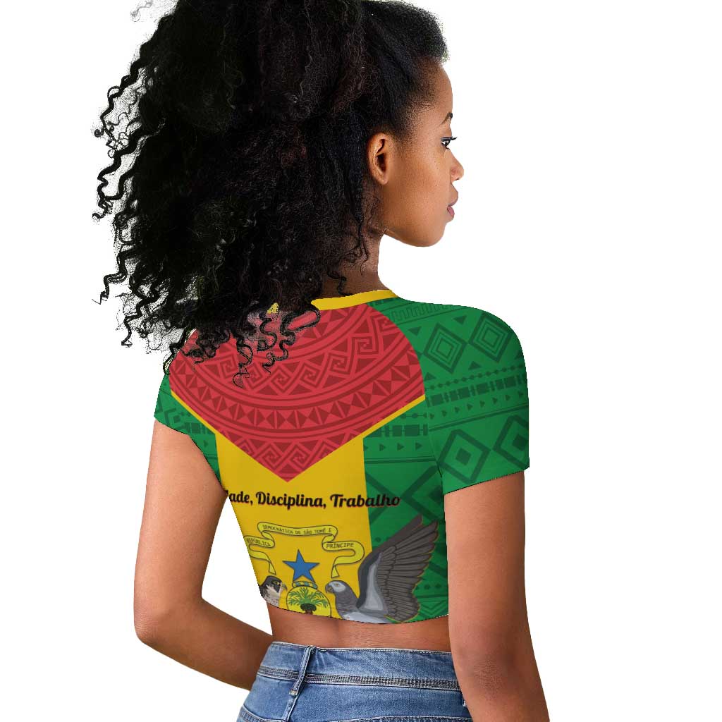 Sao Tome and Principe Independence Day Raglan Cropped T shirt Coat Of Arms Mix African Pattern