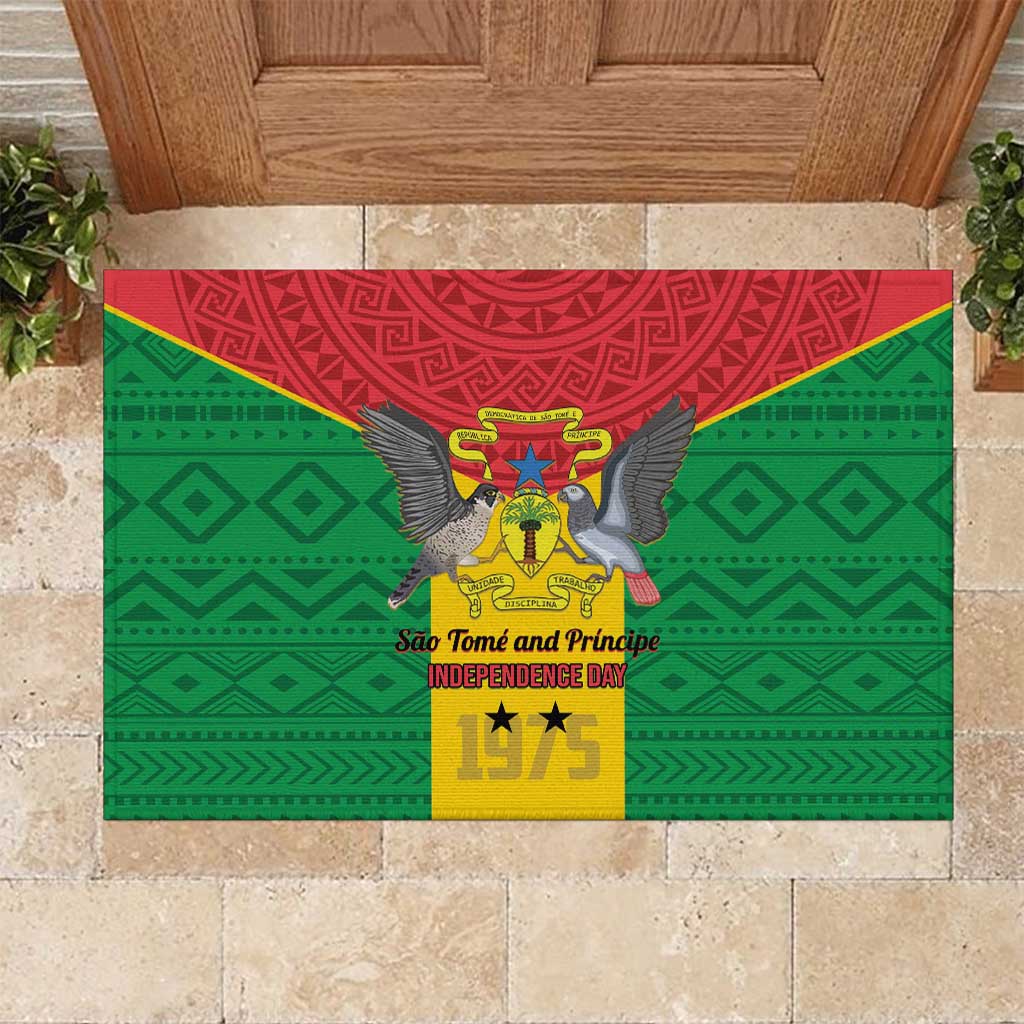 Sao Tome and Principe Independence Day Rubber Doormat Coat Of Arms Mix African Pattern