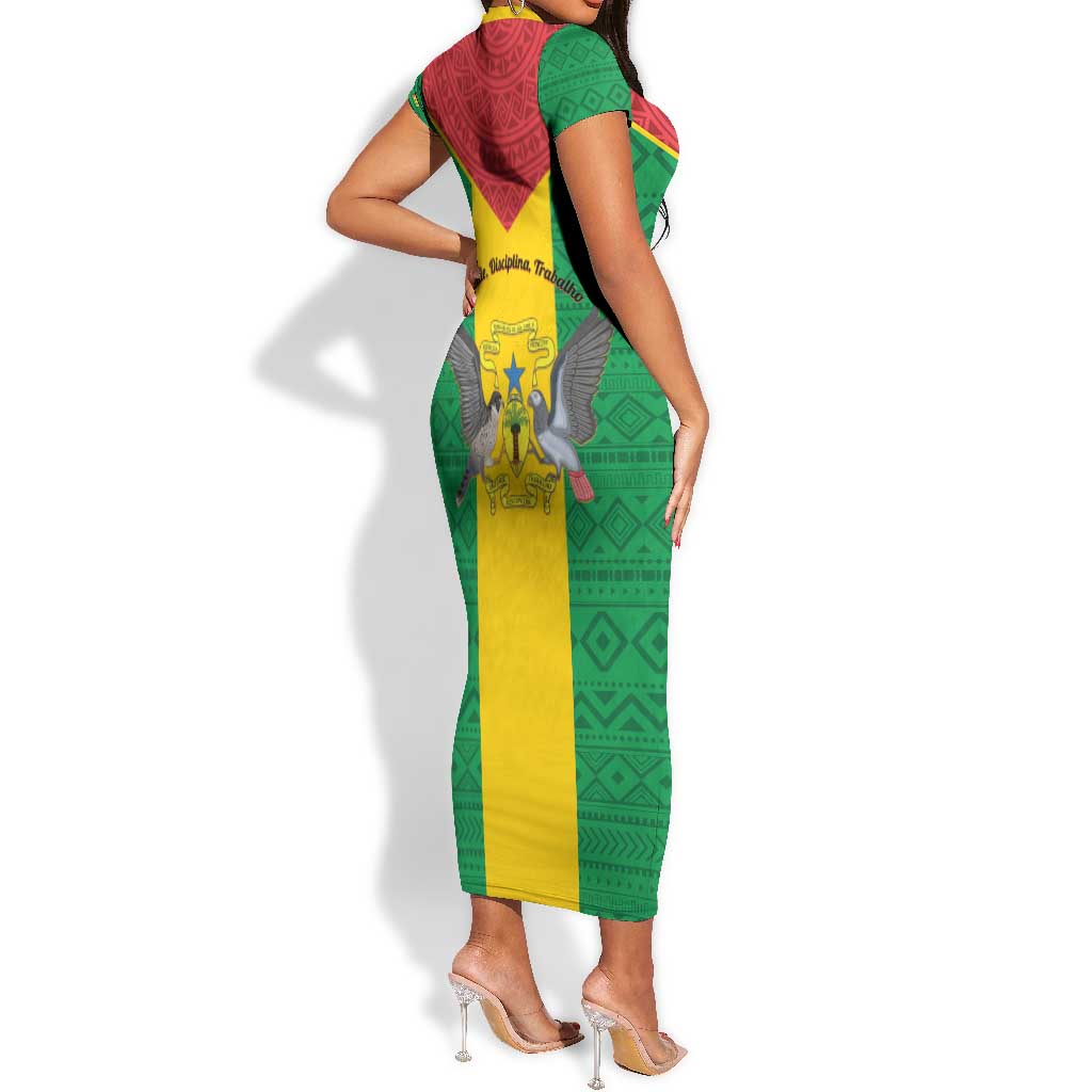 Sao Tome and Principe Independence Day Short Sleeve Bodycon Dress Coat Of Arms Mix African Pattern LT01