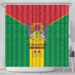 Sao Tome and Principe Independence Day Shower Curtain Coat Of Arms Mix African Pattern