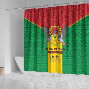 Sao Tome and Principe Independence Day Shower Curtain Coat Of Arms Mix African Pattern