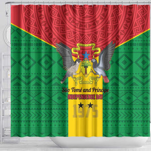 Sao Tome and Principe Independence Day Shower Curtain Coat Of Arms Mix African Pattern