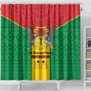 Sao Tome and Principe Independence Day Shower Curtain Coat Of Arms Mix African Pattern