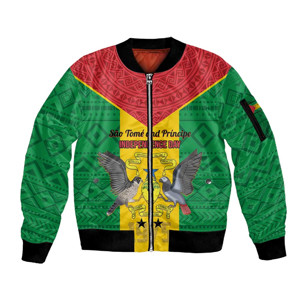 Sao Tome and Principe Independence Day Sleeve Zip Bomber Jacket Coat Of Arms Mix African Pattern