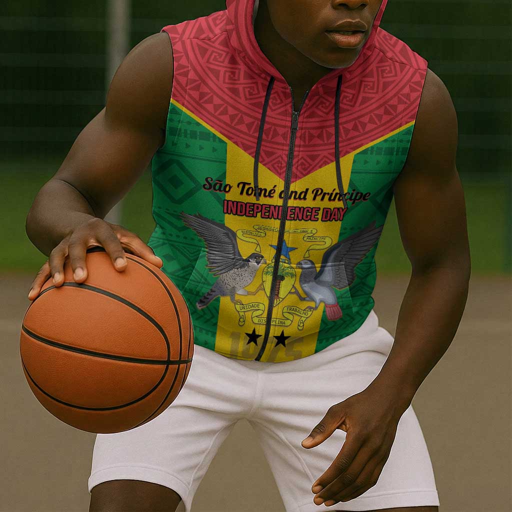 Sao Tome and Principe Independence Day Sleeveless Zip Hoodie Coat Of Arms Mix African Pattern - African Pride