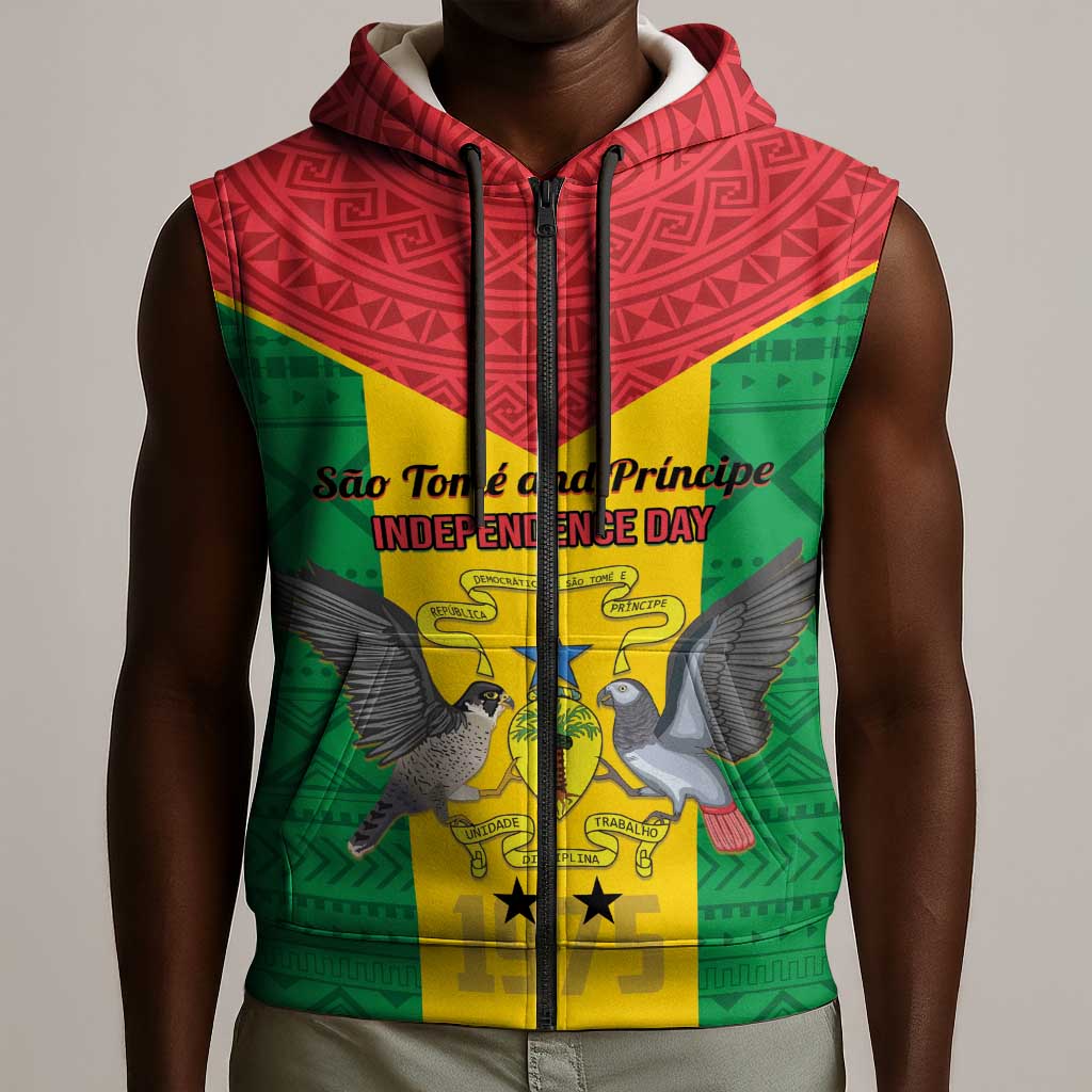 Sao Tome and Principe Independence Day Sleeveless Zip Hoodie Coat Of Arms Mix African Pattern - African Pride