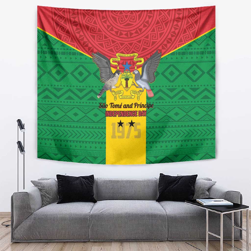 Sao Tome and Principe Independence Day Tapestry Coat Of Arms Mix African Pattern